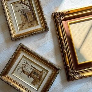 Set of Ornate Gold Picture Frames with Sepia Prints